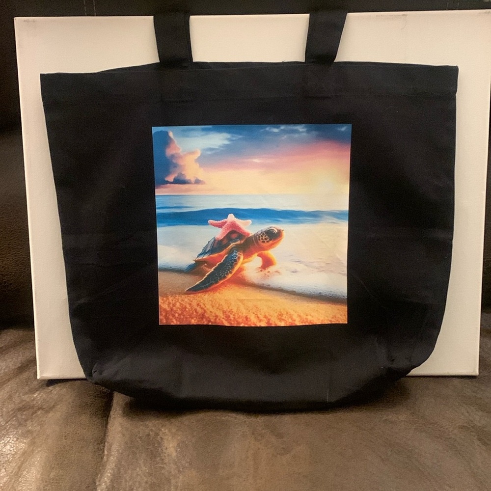 Black Tote Bag with Sea Turtle Print